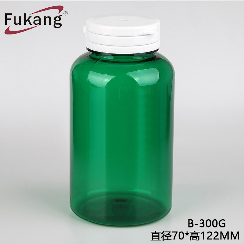 300cc PET透明綠色藥丸瓶，帶白色撕下蓋，PET塑料醫用圓形瓶