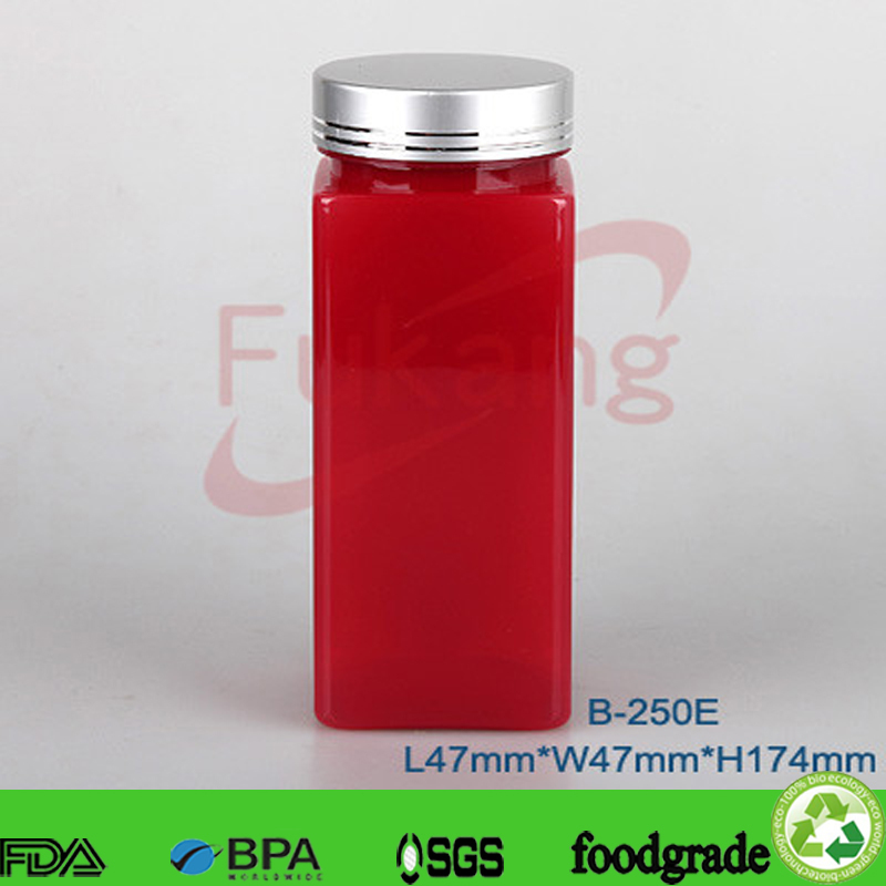 250cc PET塑料药方瓶，红色塑料维生素胶囊银铝盖瓶